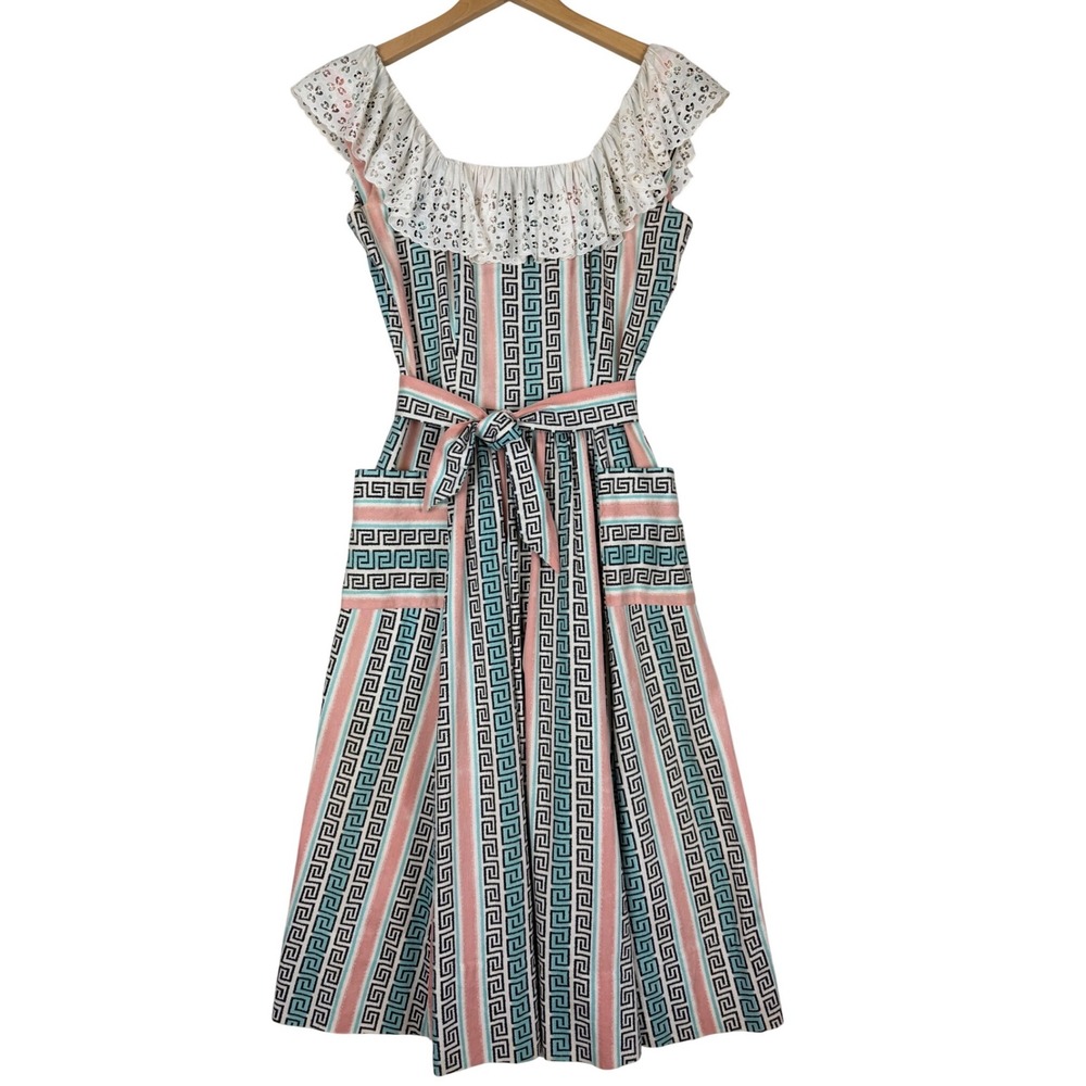 Vintage Greek Key Geometric Stripe Dress Eyelet Lace Ruffle Pockets 50s 60's